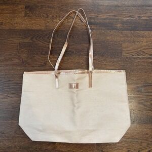 NWOT Laura Geller Beige Glitter Pink Copper Trim Tote Bag 18"W 11.5"H 4.5"D